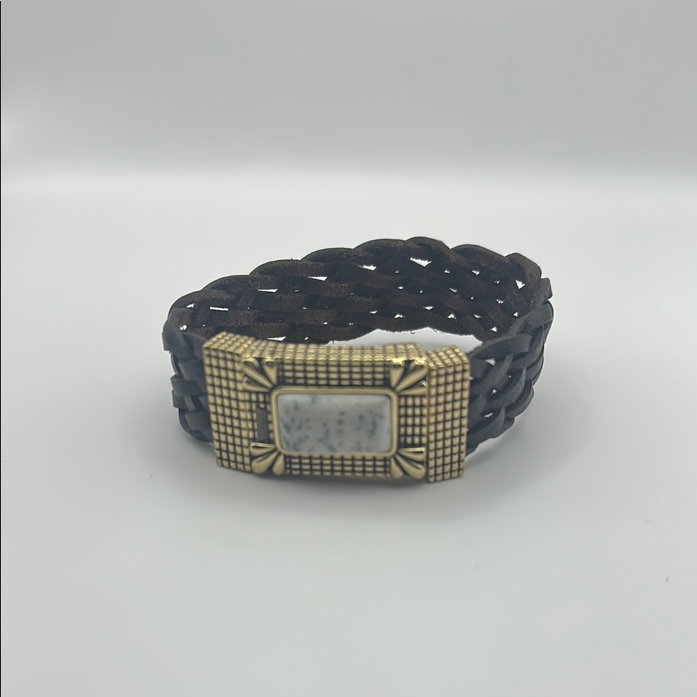 Barse Braided Brown Leather Bracelet with Gemstone